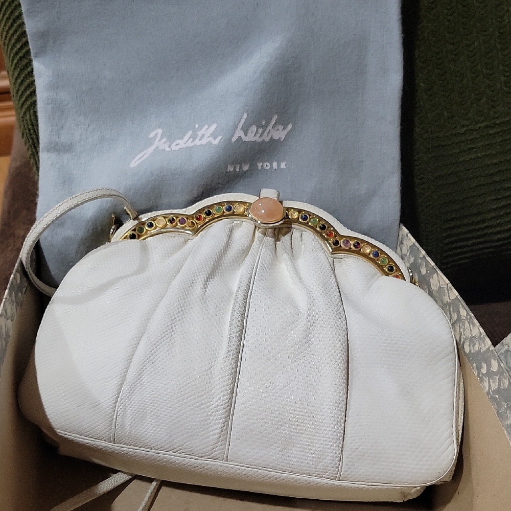 Judith Leiber White Pleated Clutch with Gold Chain